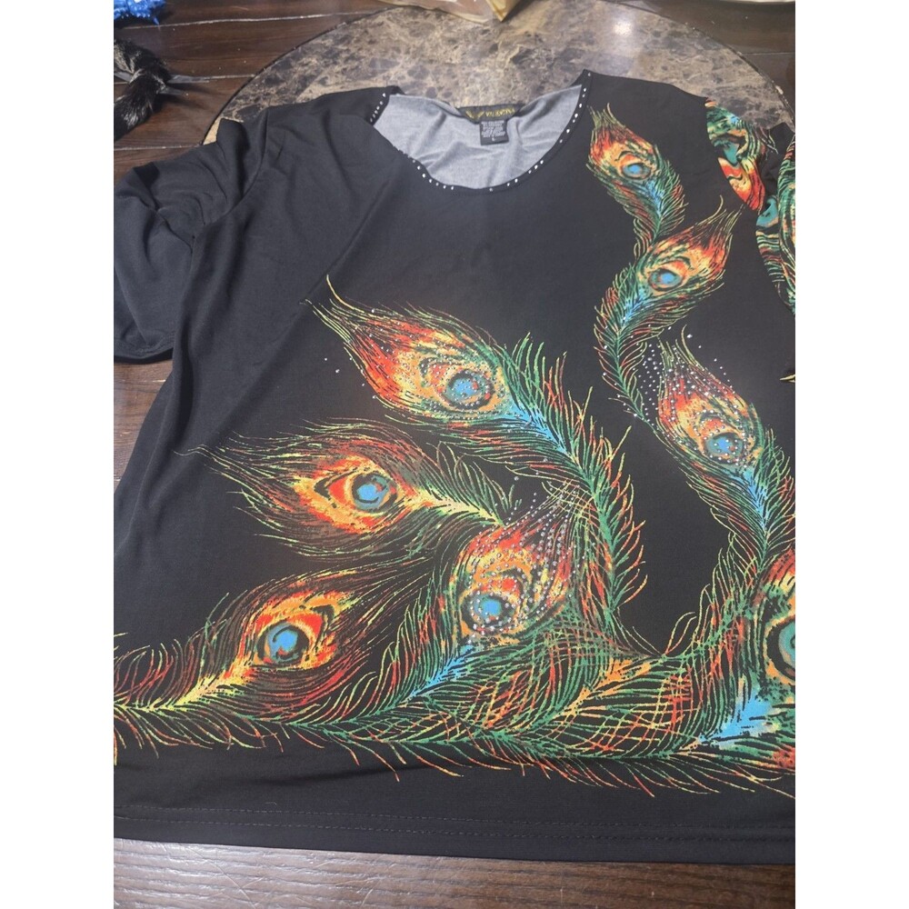 Valentina Peacock Feathers Blouse Shirt Women's Size Large 3/4 Sleeve